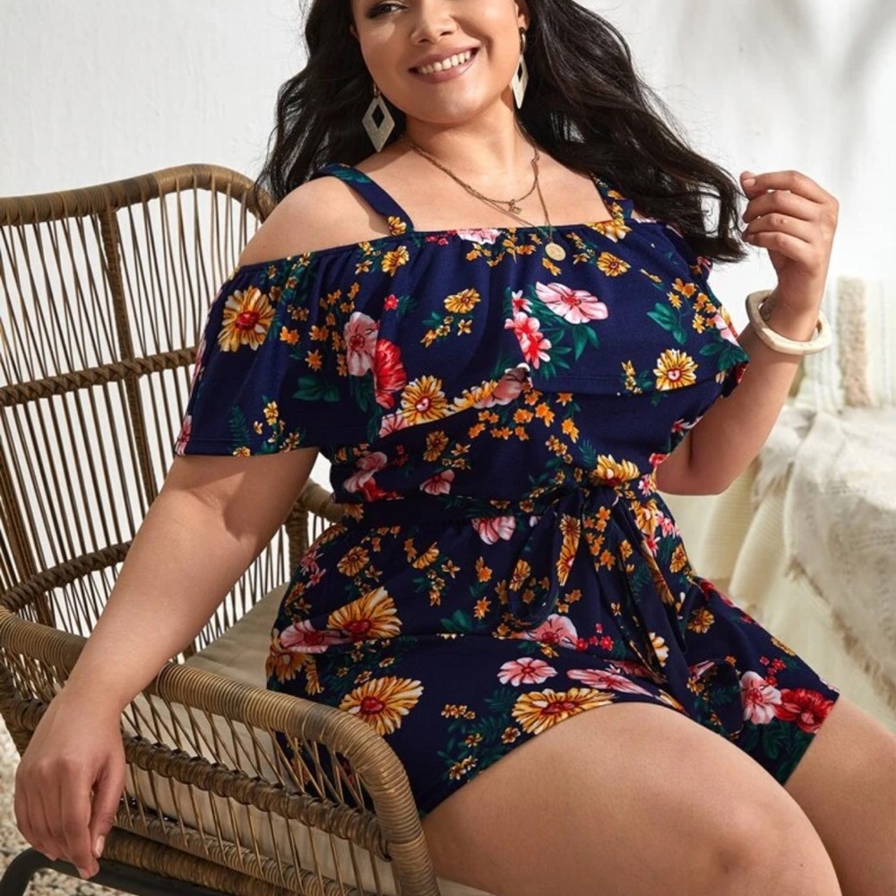 Blue and Red Floral Off-Shoulder Sleepwear Romper